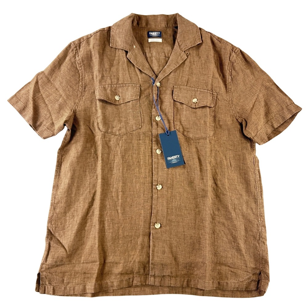 Faherty Reserve Basque Camp Shirt Mens S Brown Linen Pincheck Short Sleeve NWT